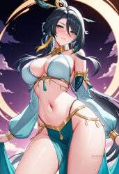 ai_generated alternate_costume aqua_eyes bare_shoulders bikini black_hair blue_eyes blush breasts cleavage cowboy_shot detached_sleeves earrings female gold_trim hair_ornament highleg jewelry large_breasts long_hair long_sleeves looking_at_viewer navel parted_lips pelvic_curtain puffy_sleeves shadowrealmarts sky smile solo stomach sweat tassel tassel_earrings thighs uncensored very_long_hair xianyun_(genshin_impact)