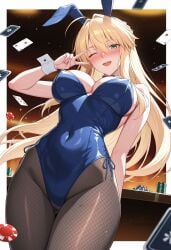 ;d ahoge ai_generated animal_ears artoria_pendragon_(fate) ass_visible_through_thighs bare_shoulders blonde_hair blue_leotard blush braid breasts card cleavage covered_navel detached_collar fake_animal_ears fate_(series) female fishnet_pantyhose fishnets french_braid green_eyes hair_between_eyes highleg highleg_leotard large_breasts leotard long_hair looking_at_viewer one_eye_closed open_mouth pantyhose playboy_bunny playing_card poker_chip rabbit_ears shadowrealmarts sidelocks smile solo strapless strapless_leotard thighs uncensored v wrist_cuffs