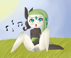 blush clothes colored day femboy front_view gokai-chibi male male_only meloetta outdoors penis pokémon_(species) pokemon sitting solo tagme testicles