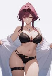 ;) ai_generated ass_visible_through_thighs bare_shoulders black_bra black_panties bra breasts cleavage closed_mouth collarbone cowboy_shot eyewear_on_head female jewelry kafka_(honkai:_star_rail) large_breasts lingerie long_hair looking_at_viewer navel necklace off_shoulder one_eye_closed open_clothes open_shirt panties pendant ponytail purple_eyes purple_hair round_eyewear shadowrealmarts shirt sidelocks simple_background skindentation smile solo stomach sunglasses thigh_strap thighs uncensored underwear white_background white_shirt