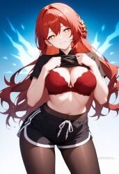 ai_generated artist_name black_pantyhose black_shirt black_shorts blush bra breasts brown_pantyhose cleavage closed_mouth clothes_lift cowboy_shot dolphin_shorts female gradient_background hair_between_eyes hair_ornament himeko_(honkai:_star_rail) large_breasts lifted_by_self long_hair looking_at_viewer navel pantyhose pantyhose_under_shorts red_bra red_hair shadowrealmarts shirt shirt_lift short_shorts short_sleeves shorts smile solo stomach uncensored underwear yellow_eyes