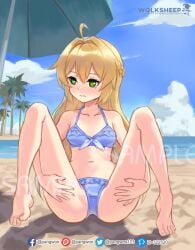 1girls ahoge ankles antenna_hair bare_arms bare_belly bare_calves bare_chest bare_hands bare_hips bare_knees bare_legs bare_midriff bare_navel bare_shoulders bare_skin bare_soles bare_thighs bare_toes barefoot beach belly belly_button bikini bikini_bottom bikini_only bikini_top blonde_eyebrows blonde_female blonde_hair blonde_hair blonde_hair_female blue_sky breasts calves character_request clouds coast collarbone copyright_request day daylight daytime exposed_arms exposed_belly exposed_chest exposed_hips exposed_legs exposed_midriff exposed_navel exposed_shoulders exposed_skin exposed_thighs exposed_toes feet female female_focus female_only fingers full_body green_eyes green_eyes_female groin hair_between_eyes half_naked half_nude halterneck head_tilt high_resolution highres horizon knees lean_figure legs legs_apart legs_spread long_hair looking_sideways looking_to_the_side midriff naked naked_female naked_woman narrow_waist navel nude nude_female nudity ocean outdoor outdoor_nudity outdoors outside petite petite_body petite_breasts petite_female petite_girl petite_tits sand sea seaside semi_nude shoulders sitting sitting_on_ass sitting_on_floor sitting_on_ground sky slender_body slender_waist slim_waist small_breasts solo spread_legs spreading_legs spreading_thighs string_bikini swimsuit swimwear thighs tilted_head toes wolksheep