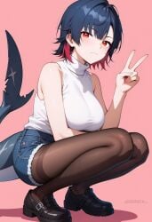 ai_generated artist_name bare_arms bare_shoulders black_footwear black_hair black_pantyhose blue_hair blue_shorts blush breasts brown_pantyhose closed_mouth colored_inner_hair denim denim_shorts ellen_joe female fins fish_tail full_body hand_up large_breasts loafers looking_at_viewer multicolored_hair pantyhose pink_background red_eyes red_hair shadowrealmarts shark_tail shirt shoes short_hair short_shorts shorts simple_background sleeveless sleeveless_shirt sleeveless_turtleneck solo squatting tail thighband_pantyhose turtleneck uncensored v white_shirt zenless_zone_zero