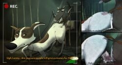 absurd_res ass big_butt big_penis blurred_background bodily_fluids butt_grab camera camera_hud camera_view canid canine canine_vulva canis collar cum dialogue domestic_dog duo female feral fur genital_fluids genitals grabbing grey_body grey_fur hand_on_butt hi_res leash lenny_(space_dogs) looking_at_another looking_back male male/female mammal murid murine penis raised_tail rat rodent sex size_difference smile space_dogs strelka tail thick_thighs udbebu