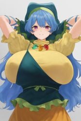 1girls big_breasts blue_hair breasts clothed_female female hat huge_breasts keiki_haniyasushin light-skinned_female long_hair mature_female moriforest1040 nipple_bulge purple_eyes smile solo solo_female touhou