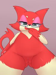 2017 anthro eyelashes eyewear fangs feline female glasses green_eyes hi_res looking_at_viewer low-angle_view mammal nintendo open_mouth pinkcappachino pokemon purrloin pussy red_fur simple_background solo video_games