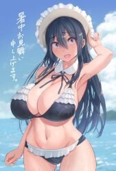bikini black_hair embarrassed huge_breasts nana_natsuishi swimsuit