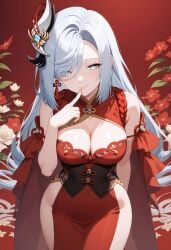 ai_generated alternate_costume bare_shoulders blue_eyes blush breasts china_dress chinese_clothes cleavage cleavage_cutout closed_mouth clothing_cutout corset covered_navel cowboy_shot dress earrings female finger_to_mouth flower grey_hair hair_ornament hair_over_one_eye jewelry large_breasts long_hair looking_at_viewer pelvic_curtain red_background red_dress red_flower shadowrealmarts shenhe_(genshin_impact) sleeveless sleeveless_dress smile solo tassel tassel_earrings thighs uncensored very_long_hair white_hair