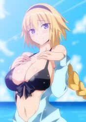 bikini black_bikini black_hairband blonde_hair blue_jacket blush braid breasts cleavage collarbone female front-tie_bikini front-tie_top hairband jacket jeanne_d'arc_(fate)_(all) jeanne_d'arc_(swimsuit_archer) large_breasts long_hair navel off_shoulder open_clothes single_braid solo swimsuit very_long_hair