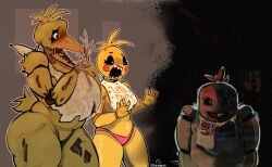 animatronic anthro artist_name avian beak bird black_sclera blood bodily_fluids chicken creepy_face creepy_smile cupcake_(fnaf) english_text feathers female five_nights_at_freddy's five_nights_at_freddy's_2 galliform gallus_(genus) gaping_mouth group looking_at_another looking_at_viewer machine open_mouth orange_beak phasianid pink_cheeks robot rsmania5 scary scottgames sharp_teeth size_difference smile teeth text toy_chica_(fnaf) trio withered_chica_(fnaf) yellow_body yellow_feathers