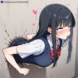 ahe_gao ahegao_face black_hair female female_focus female_only gothmaniac heart long_hair school_uniform stuck_in_wall