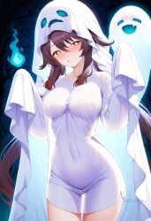 ai_generated alternate_costume blush bra breasts brown_hair covered_navel cowboy_shot dress female genshin_impact ghost ghost_costume ghost_pose grin halloween hu_tao_(genshin_impact) large_breasts long_hair long_sleeves looking_at_viewer night red_eyes see-through see-through_silhouette shadowrealmarts sleeves_past_wrists smile solo symbol-shaped_pupils thighs twintails uncensored very_long_hair white_dress