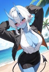 ai_generated arms_behind_head arms_up beach black_jacket black_skirt blue_skin blue_sky blush breasts cleavage closed_mouth collarbone collared_shirt colored_skin cowboy_shot day demon_girl demon_horns demon_tail ear_piercing female hair_between_eyes horns jacket large_breasts long_sleeves looking_to_the_side miniskirt ocean oni open_clothes open_jacket outdoors palm_tree pencil_skirt pointy_ears red_eyes shadowrealmarts shirt shirt_tucked_in short_hair skirt sky smile solo soukaku tail tree uncensored white_hair white_shirt zenless_zone_zero