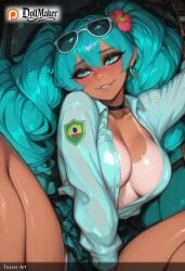 ai_generated aqua_eyes aqua_hair artist_name blush brazilian_miku breasts choker cleavage dark-skinned_female dark_skin dollmaker dollmaker_(artist) earrings eyewear_on_head facebook_username female flower hair_ornament hatsune_miku jewelry large_breasts lips long_hair looking_at_viewer lying makeup nose_blush on_back patreon_logo patreon_username skirt smile solo spread_legs sunglasses tagme tan tanlines thighs twintails watermark web_address