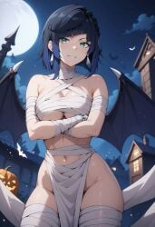 ai_generated alternate_costume bandaged_arm bandaged_leg bandages bare_shoulders bat_(animal) bat_wings black_hair blue_hair bracelet breasts chest_sarashi cleavage cowboy_shot crossed_arms demon_wings diagonal_bangs earrings female full_moon genshin_impact green_eyes grin halloween halloween_costume jack-o'-lantern jewelry large_breasts looking_at_viewer moon multicolored_hair mummy_costume naked_bandage navel night night_sky outdoors parted_lips pelvic_curtain sarashi shadowrealmarts short_hair sky smile solo stomach thighs uncensored wings yelan_(genshin_impact)