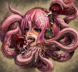 blue_eyes blush censored cross_section cum cum_in_mouth cumdrip fellatio female headphones internal_cumshot long_hair mosaic_censoring open_mouth penis solo tears tentacle