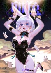 1girls arm_up armpit armpit_crease armpit_peek armpits arms_above_head arms_up big_breasts black_bunny_ears black_bunnygirl_costume black_bunnysuit blue_eyes blue_eyes_female bunny_ears bunnygirl bunnygirl_outfit busty busty_female busty_girl collar footwear hairless_armpits hands_above_head hands_up happy high_heels large_breasts medium_hair open_mouth open_mouth_smile original original_art original_artwork original_character parted_lips plump_breasts shaved_armpits shoes smile smiley_face smiling smiling_at_viewer thigh_gap tongue upper_teeth white_eyebrows white_hair white_hair_female wolksheep wrist_cuffs