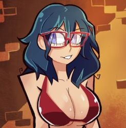 blue_hair breasts cleavage female glasses grin large_breasts long_hair matoi_ryuuko red-framed_eyewear semi-rimless_eyewear smile solo under-rim_eyewear upper_body
