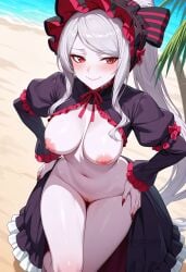 ai_generated beach blush bonnet bow breasts cleft_of_venus closed_mouth day female fingernails frilled_sleeves frills grey_hair hairbow hands_on_own_hips large_breasts long_hair long_sleeves looking_at_viewer nail_polish navel nipples outdoors overlord_(maruyama) pale_skin ponytail puffy_sleeves pussy red_eyes red_nails shadowrealmarts shalltear_bloodfallen shrug_(clothing) sidelocks slit_pupils smile solo striped_bow swept_bangs thighs uncensored vampire