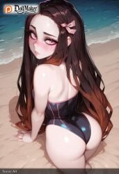 ai_generated ass back bare_shoulders beach beach_towel black_hair black_swimsuit blush breasts brown_hair casual_one-piece_swimsuit competition_swimsuit day demon_slayer deviantart_username dollmaker dollmaker_(artist) female forehead from_behind hair_ribbon highleg_swimsuit horizon kamado_nezuko kimetsu_no_yaiba long_hair looking_at_viewer looking_back multicolored_hair ocean one-piece_swimsuit outdoors patreon_logo patreon_username pink_eyes pink_ribbon pool poolside ribbon rock sand shore solo strapless_swimsuit swimsuit tagme thighs towel water watermark waves web_address