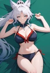 ai_generated animal_ear_fluff animal_ears armpits bare_arms bare_shoulders bikini black_bikini blue_bikini blue_eyes breasts cleavage earrings facial_mark feixiao_(honkai:_star_rail) female fox_ears frilled_bikini frills grin halterneck jewelry large_breasts long_hair looking_at_viewer lying navel on_back ponytail shadowrealmarts side-tie_bikini_bottom smile solo stomach striped_bikini striped_clothes swimsuit thighs uncensored very_long_hair white_hair
