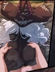 1boy 1girls ass big_ass dark-skinned_female dark_skin elden_ring elden_ring_nightreign female female_focus fromsoftware hat headwear kinkymation light-skinned_male light_skin long_hair male male_pov male_pubic_hair pubic_hair recluse_(elden_ring) recluse_(nightreign) sex sex_from_behind steam straight sweat sweatdrop sweating unseen_male_face vagina vaginal vaginal_penetration vaginal_sex white_hair
