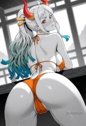 ahoge ai_generated artist_name ass ass_focus back bare_shoulders bikini blue_hair blush breasts cameltoe curled_horns earrings female from_behind gradient_hair hair_ornament hair_stick halterneck horns indoors jewelry large_breasts leaning_forward long_hair looking_at_viewer looking_back monochrome multicolored_hair one_piece oni orange_bikini orange_eyes parted_lips partially_visible_vulva ponytail shadowrealmarts sideboob sidelocks solo spot_color swimsuit thighs uncensored web_address white_hair yamato_(one_piece)
