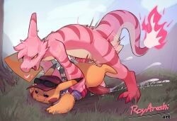 anal anal_sex anthro biped blush bodily_fluids charmeleon cum cum_in_ass cum_inside cute_fangs detailed_background duo ejaculation erection fangs fire flaming_tail fur generation_1_pokemon genital_fluids genitals grass heart_symbol hi_res male male/male multicolored_body nintendo penetration penile penile_penetration penis pikachu pink_body pink_fur pink_tail plant pokemon pokemon_(species) red_body roy_arashi sex tail teeth white_body white_fur yellow_body