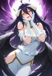 ahoge ai_generated albedo_(overlord) bare_shoulders black_feathers black_hair black_wings blush breasts cleavage demon_girl demon_horns detached_collar dress feathered_wings feathers female gloves hair_between_eyes hands_on_own_cheeks hands_on_own_face hip_vent horns large_breasts long_hair looking_at_viewer low_wings open_mouth overlord_(maruyama) shadowrealmarts slit_pupils smile solo uncensored upper_teeth_only very_long_hair white_dress white_gloves wings yellow_eyes