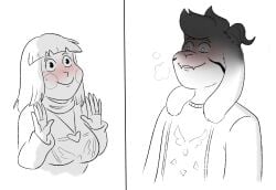 1boy 1girls anthro asriel_dreemurr blush chara deltarune_emblem female floppy_ears fluffy_ears furry furry_male goat hi_res horns horny_male horny_smile human human_female imminent_sex jewelry male married_couple medium_breasts nervous_smile nervous_sweat pubic_hair rainy_(artist) realistic_proportions rosy_cheeks royalty shaded_face she_is_fine_dw short_hair short_hair_female sweat taller_male white_fur