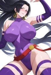 ai_generated arm_up armpits bare_shoulders black_hair blue_eyes blush boa_hancock breasts closed_mouth cosplay covered_navel detached_sleeves earrings female highleg highleg_leotard jewelry large_breasts leotard long_hair looking_at_viewer marvel one_piece psylocke_(cosplay) purple_leotard purple_thighhighs red_sash sash shadowrealmarts simple_background smile solo thigh_strap thighhighs thighs uncensored very_long_hair white_background