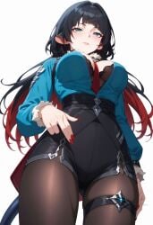 ai_generated animal_ears aqua_eyes between_breasts black_bra black_hair black_pantyhose black_shorts blue_eyes blush bra breasts closed_mouth colored_inner_hair female from_below gradient_hair jane_doe_(zenless_zone_zero) large_breasts long_hair long_sleeves looking_at_viewer looking_down multicolored_hair nail_polish necktie pantyhose pantyhose_under_shorts red_hair red_nails red_necktie shadowrealmarts shirt shorts simple_background smile solo tail thigh_strap thighs uncensored underwear white_background