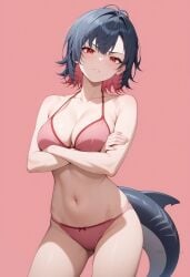 ai_generated bare_arms bare_shoulders bikini black_hair blush breasts cleavage closed_mouth collarbone colored_inner_hair cowboy_shot crossed_arms ellen_joe female fins fish_tail frown halterneck large_breasts looking_at_viewer medium_breasts multicolored_hair navel pink_background pink_bikini red_eyes red_hair shadowrealmarts shark_tail short_hair simple_background solo standing stomach string_bikini swimsuit tail thighs two-tone_hair uncensored zenless_zone_zero