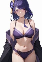 ai_generated bare_shoulders blush bow bra breasts cleavage closed_mouth collarbone cowboy_shot female flower genshin_impact hair_flower hair_ornament jacket large_breasts long_hair looking_at_viewer mole mole_under_eye navel off_shoulder open_clothes panties purple_bra purple_eyes purple_hair purple_panties raiden_shogun shadowrealmarts simple_background smile solo stomach thigh_gap thighs uncensored underwear white_background