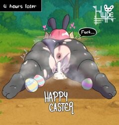 after_sex anus ass big_butt biped black_clothing bodily_fluids clothed clothing cum cum_in_vagina cum_inside dialogue easter easter_egg female gaping gaping_anus genital_fluids hair hi_res holidays horn horned_humanoid humanoid hypeu ilulu lying miss_kobayashi's_dragon_maid not_furry on_front outside pink_hair rear_view solo text thick_thighs vulva