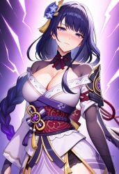 ai_generated armor blush braid braided_ponytail breasts bridal_gauntlets cleavage closed_mouth cowboy_shot electricity female flower genshin_impact hair_ornament japanese_clothes kimono large_breasts long_hair long_sleeves looking_at_viewer mole mole_under_eye obi obiage obijime off_shoulder purple_eyes purple_hair purple_kimono raiden_shogun sash shadowrealmarts shoulder_armor shrug_(clothing) solo tassel uncensored very_long_hair vision_(genshin_impact) wide_sleeves
