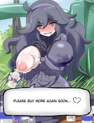 @_@ absurdres ahe_gao ahoge areolae ayuayu_(shouyu_no_sato) black_hair blush bottle breast_hold breast_slip breasts bush clothing dress female grass hairband hard_translated heart hex_maniac highres huge_breasts human lactation lactation_through_clothes long_hair looking_at_viewer milk naughty_face nintendo nipples one_breast_out open_clothes open_mouth outdoors pale_skin pokemon pokemon_xy purple_eyes ribbed_sweater sitting sky smile solo spoken_heart sweater text translated