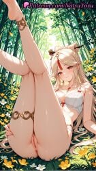 1girls 2025 ai_generated anklet anus ass bamboo bangs bare_shoulders barefoot blush bra breasts feet flower forest genshin_impact hair_ornament hair_stick hi_res highres hoyoverse jewelry large_breasts legs legs_up long_hair looking_at_viewer mihoyo mihoyo_technology_(shanghai)_co._ltd. natsuyoru nature ningguang_(genshin_impact) ningguang_(genshin_impact)_(cosplay) ningguang_(orchid's_evening_gown)_(genshin_impact) outdoors panties parted_bangs patreon pussy red_eyes smile soles solo tassel tassel_hair_ornament thighs toes underwear vagina very_long_hair voluptuous voluptuous_female white_bra white_hair
