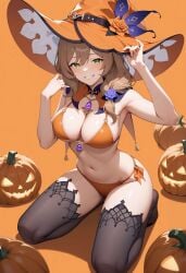 ai_generated armpits bare_arms bare_shoulders bikini black_thighhighs blush breasts brown_hair cleavage female flower green_eyes grin hair_flower hair_ornament halloween halloween_costume hat hat_belt hat_flower jack-o'-lantern jewelry kneeling large_breasts lisa_(genshin_impact) long_hair looking_at_viewer navel no_shoes orange_background orange_bikini pumpkin rose shadowrealmarts side-tie_bikini_bottom simple_background smile solo stomach string_bikini swimsuit thighhighs thighs uncensored witch_hat