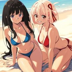 2girls ai_generated akai_yume bikini blue_bikini females_only inoue_takina lycoris_recoil nishikigi_chisato red_bikini swimsuit