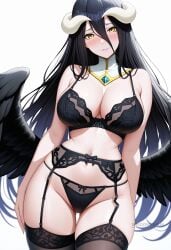 ai_generated albedo_(overlord) artist_name ass_visible_through_thighs bare_shoulders black_bra black_garter_belt black_hair black_panties black_thighhighs black_wings blush bow_panties bra breasts cleavage closed_mouth demon_girl demon_horns detached_collar feathered_wings female garter_belt hair_between_eyes horns large_breasts lingerie long_hair looking_at_viewer low_wings navel panties patreon_username shadowrealmarts simple_background skindentation smile solo stomach thigh_gap thighhighs thighs uncensored underwear underwear_only very_long_hair white_background white_horns wings yellow_eyes