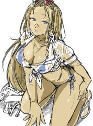 artist_request bandage bandage_on_nose blonde_hair blue_eyes blue_swimsuit blush breasts centi_(nikke) centi_(ocean_repair)_(nikke) cleavage goddess_of_victory:_nikke heart-shaped_eyewear hi_res long_hair looking_at_viewer pov see-through_clothing shirt sunglasses sunglasses_on_head swimsuit tanned_female tanned_skin wet wet_clothes white_background