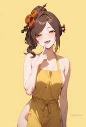 :d ai_generated apron artist_name bare_shoulders blush breasts brown_hair chiori_(genshin_impact) collarbone cowboy_shot female genshin_impact hair_ornament hand_up large_breasts long_hair looking_at_viewer medium_breasts multicolored_hair naked_apron open_mouth orange_eyes shadowrealmarts sideboob simple_background smile solo teeth uncensored upper_teeth_only yellow_apron yellow_background