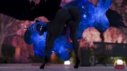 16:9 3d_(artwork) 4k absurd_res alicorn animal_genitalia animal_penis anthro armor ass balls bent_over big_butt biped black_body blue_hair blurred_background breasts clothing digital_media_(artwork) equid equine equine_genitalia equine_penis feathered_wings feathers footwear friendship_is_magic fth_crossgender fti_crossgender genitals hair hasbro headgear helmet herm hi_res high_heels horn intersex looking_at_viewer looking_back loveslove mammal mostly_nude my_little_pony mythological_creature mythological_equine mythology nightmare_moon_(mlp) nipples outside penis pupils rule_63 shoes slit_pupils solo sparkles sparkling_hair thick_thighs three-quarter_view vulva widescreen wings