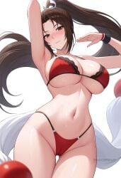 ai_generated arm_up armpits arms_up ass_visible_through_thighs bare_shoulders bikini blush bra breasts brown_eyes brown_hair cameltoe cleavage closed_mouth female high_ponytail highleg highleg_panties lace_trim large_breasts long_hair looking_at_viewer navel panties parted_bangs ponytail red_bra red_panties shadowrealmarts shiranui_mai sideboob simple_background smile solo stomach street_fighter swimsuit thigh_gap thighs uncensored underboob underwear white_background