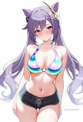 ai_generated alternate_costume artist_name bare_arms bare_shoulders bikini bikini_top_only black_shorts blush braid breasts cleavage closed_mouth collarbone cone_hair_bun cowboy_shot diamond-shaped_pupils diamond_(shape) double_bun female flower hair_bun hair_flower hair_ornament keqing_(genshin_impact) large_breasts long_hair looking_at_viewer medium_breasts multicolored_clothes navel patreon_username purple_eyes purple_hair shadowrealmarts short_shorts shorts simple_background smile solo stomach swimsuit thigh_gap thighs twintails uncensored very_long_hair white_background white_flower