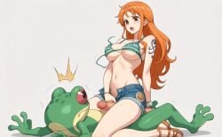 ai ai_generated anime anime_girl anime_style bikini bikini_bottom bikini_top blush blush blush_lines cleavage cleavage_cutout cleavage_overflow cute cute_face cute_fang fantasy fantasy_world fantasyframe kneeling kneeling_female kneeling_oral_position nami_(one_piece) namikaze_minato namine sexy sexy_body sexy_pose sitting sitting_on_lap sitting_on_person