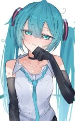 black_gloves blush breasts closed_mouth commentary cum cum_on_body elbow_gloves facial female globe gloves green_eyes grey_hair hatsune_miku highres necktie off_shoulder simple_background small_breasts solo sweat thinker25075754 twintails vocaloid white_background
