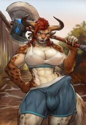 1futa abs ai_generated anthro athletic_futa axe charr covered_penis erection_under_clothes fantasy feline furry futanari guild_wars guild_wars_2 hi_res highres huge_bulge long_bulge long_penis muscle_tone novelai penis_bulge penis_outline shorts solo solo_futa sports_bra thick_arms thick_legs thick_penis thick_thighs training well_endowed youreyesonly