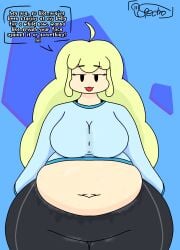 1girls :3 artist_name artist_signature belly belly_button belly_focus big_ass big_belly big_breasts blue_shirt chubby_female cute dialogue exposed_belly eyes_half_open female female_only gift_art huge_belly huge_breasts human human_only looking_at_viewer musk musk_clouds musky oc original_character penni_(metallicdx) pudgy_belly simple_background spectrodraws sweat sweat_stain sweaty_belly sweaty_body sweaty_breasts talking_to_viewer thick_thighs wide_hips yellow_hair